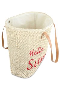 Gewebte Strohtasche in Beige mit hellbraunen Ledergriffen und rotem gesticktem „Hello Sunshine“-Text auf einer Seite. Offenes Innenraumdesign.