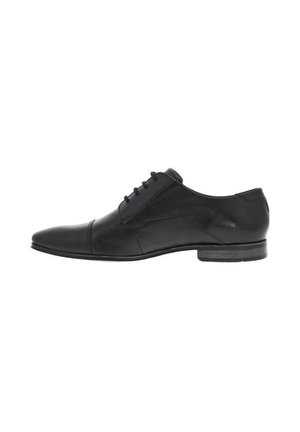 Chaussure habillée en cuir noir avec un bout pointu, des accents de couture minimalistes et un faible talon. Equipée de lacets pour un ajustement sécurisé et un design élégant.