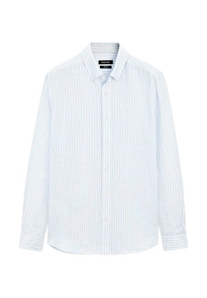 Light blue long-sleeve button-up shirt with thin white stripes, soft fabric, classic collar, and button detail on the front and cuffs.