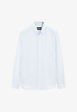 Himmelblaues Langarmhemd mit dünnen weißen Streifen, aus weichem Stoff, klassischem Kragen und Knopfdetails an der Vorderseite und an den Manschetten.