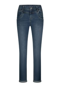 Donkerblauwe denim jeans met een slim fit, voorzien van een knoopsluiting, riemlussen en opgerolde boorden. Subtiele wassing en voorzakken.