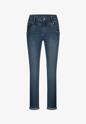 Dark blue denim jeans with a slim fit, featuring a button closure, belt loops, and rolled cuffs. Subtle whiskering and front pockets.