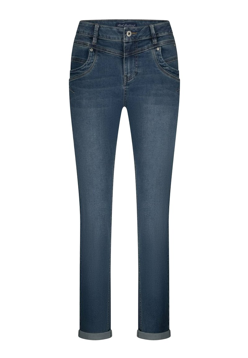 Donkerblauwe denim jeans met een slim fit, voorzien van een knoopsluiting, riemlussen en opgerolde boorden. Subtiele wassing en voorzakken.