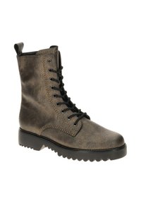 Bruin gestructureerd leren veterschoen met een stevige zwarte zool, versterkte oogjes en een lus aan de bovenkant voor gemakkelijk aantrekken.