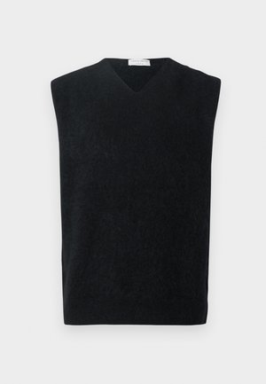 Sweater preto sem mangas em V, feito de material suave, com um corte limpo e simples, sem quaisqueracessórios ou padrões adicionais.