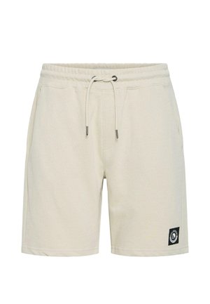Beige katoenen casual short met elastische tailleband, trekkoord, zijzakken en een klein zwart logoplaatje bij de linker zoom.