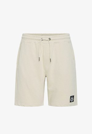Beige bomulls-casualshorts med elastisk midjebånd, snor, sidelommer og liten svart logopatch nær venstre kant.
