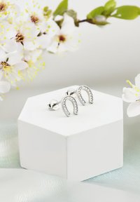 Silverörhängen formade som hästskoar, prydda med små klara kristaller, visade på en hexagonal vit ask med en mjuk tygbakgrund.