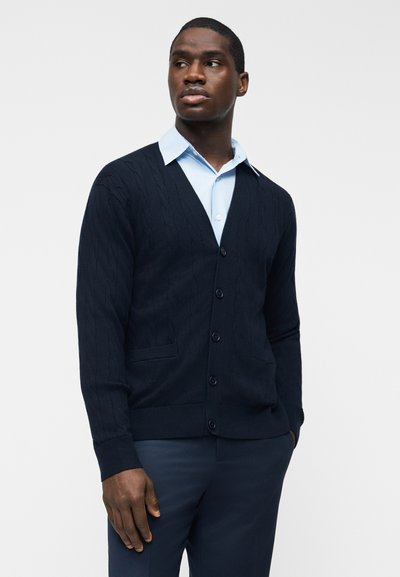 Νεαρός άνδρας που φοράει μια ναυτική ζακέτα με πλέξη καλώδιο και κουμπιά πάνω από ένα ανοιχτό μπλε πουκάμισο με γιακά, στέκεται με το ένα χέρι στην τσέπη.