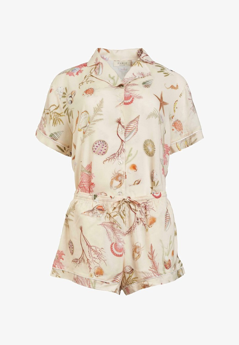 Short-sleeved, button-up pajama set in light cream with a seashell and sea plant print. Features an elastic waistband and drawstring.