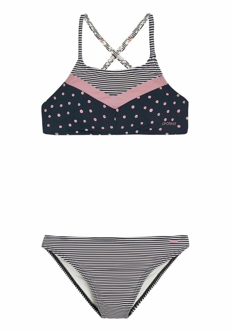 Marineblauwe bikini met roze accenten; de top heeft een gestreept patroon en stippen, terwijl de onderkant horizontale strepen heeft. Kruisbandjes op de rug.