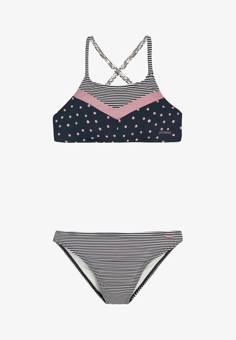 Marineblauwe bikini met roze accenten; de top heeft een gestreept patroon en stippen, terwijl de onderkant horizontale strepen heeft. Kruisbandjes op de rug.