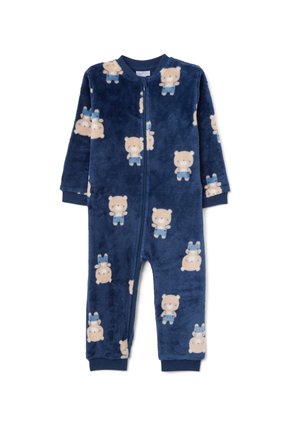Combinaison en polaire de couleur bleu marine avec des imprimés d'ours, manches longues, fermeture éclair à l'avant et poignets côtelés. Texture douce avec un design confortable.