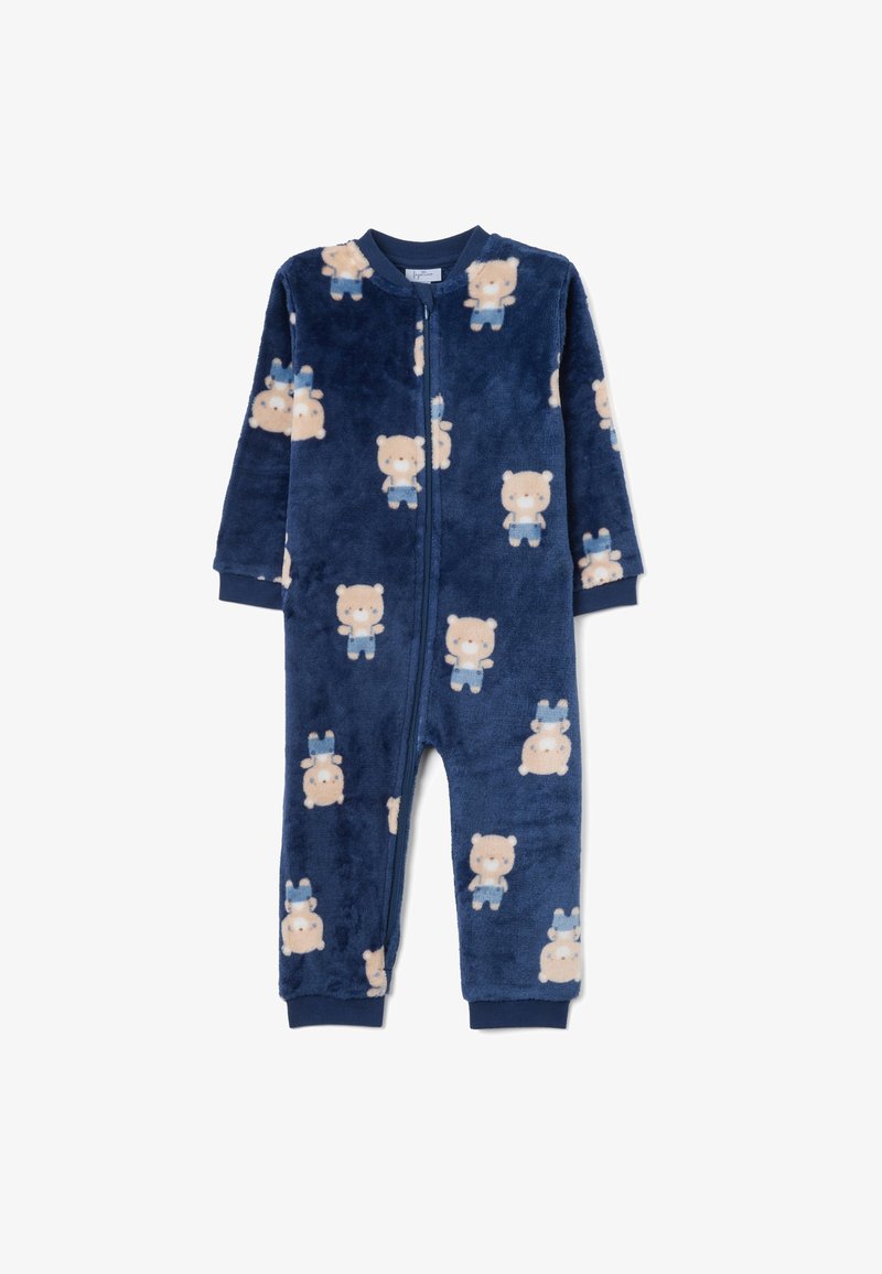 Tutina in pile di colore blu navy con stampe di orsetti, maniche lunghe, zip frontale e polsini a coste. Texture morbida con un design accogliente.
