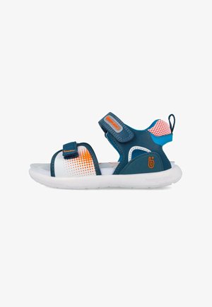 Sandalo aperto per bambini in blu navy, bianco e arancione con cinturini regolabili, suola imbottita e tirante sul tallone.