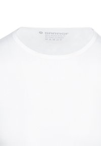 Weißes Herren-Stretch T-Shirt in körpernaher Passform, hergestellt aus 95% Baumwolle und 5% Elasthan, mit einem Rundhalsausschnitt und Pflegeetikett auf der Rückseite.