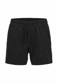 Zwarte badshorts van lichtgewicht materiaal, met een elastische tailleband met een trekkoord en zijzakken.