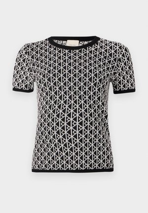T-shirt noir et blanc à manches courtes présentant un motif géométrique de diamants entrelacés, avec un col et des poignets en rib à rayures noires.