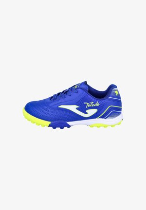 Bota de fútbol azul y amarillo neón con suela blanca, cordones y texto "Toledo" en el lateral, mostrada en un perfil derecho.