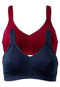 Due bras di cotone: uno di colore bordeaux e uno blu navy. Entrambi presentano un design a V, bretelle regolabili e dettagli cuciti.