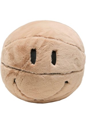 Runder Plüschkissen in hellbeige mit einem Smiley-Gesicht-Design. Mit schwarzen gestickten Augen und strukturiertem, weichem Stoff.