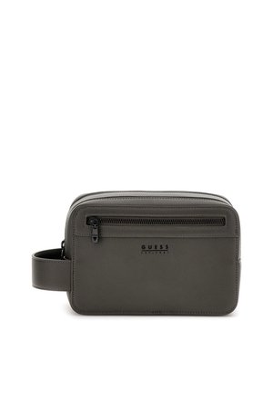 Compatta trousse da toilette rettangolare di colore grigio scuro con tasca anteriore con zip, maniglia laterale e logo "GUESS" sul pannello frontale.