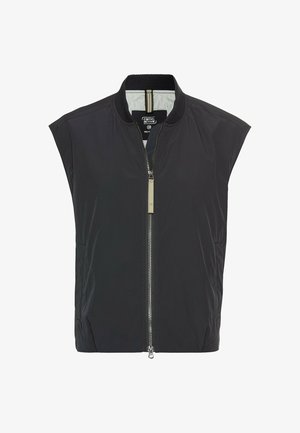 Zwarte mouwloze jas met een ritssluiting aan de voorkant, gestructureerde stof, zijzakken en een geribbelde kraag. Bevat subtiele reflecterende accenten en stiksels.