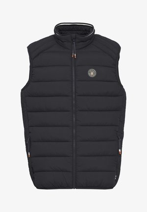 Svart puffy vest med høy krage, sentral glidelås, sidelommer og logo-detalj på brystet. Glatt tekstur og fôret mønster.