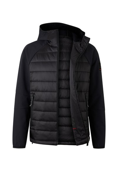 Sort jakke med en polstret indvendig foring med horisontal quiltning, glat ydre stof og hætte. Indeholder sidelommer med lynlåse og et logopatch.