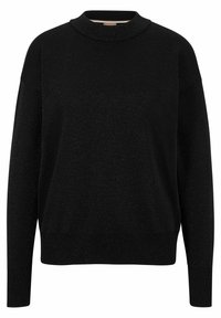 Maglione nero con colletto alto e arrotondato, vestibilità rilassata, maniche lunghe, polsini e orlo a costine, caratterizzato da una sottile texture con scintillii.