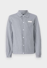 Striped button-up shirt in navy and white, featuring a collar, long sleeves with elastic cuffs, and a small white label on the chest.
