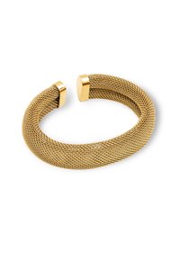 Pulsera de brazo de malla dorada con un diseño flexible y texturizado. Presenta extremos redondeados con acentos pulidos y planos. Ideal para un estilo versátil.