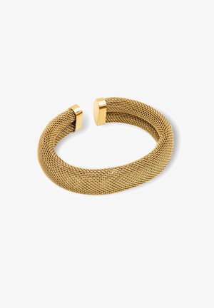 Gold mesh cuff bracelet with a flexible, textured design. Features rounded ends with flat, polished accents. Ideal for versatile styling.