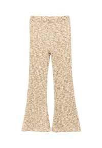 Beige und hellbraune strukturierte Strickhose mit elastischem Bund und ausgestellten Beinen flach auf weißem Hintergrund ausgelegt.