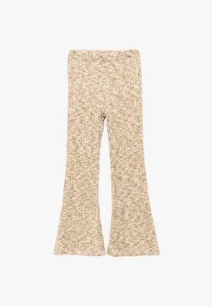 Beige og lysebrune teksturerede strikkede bukser med elastisk talje og flared ben lagt fladt på hvid baggrund.