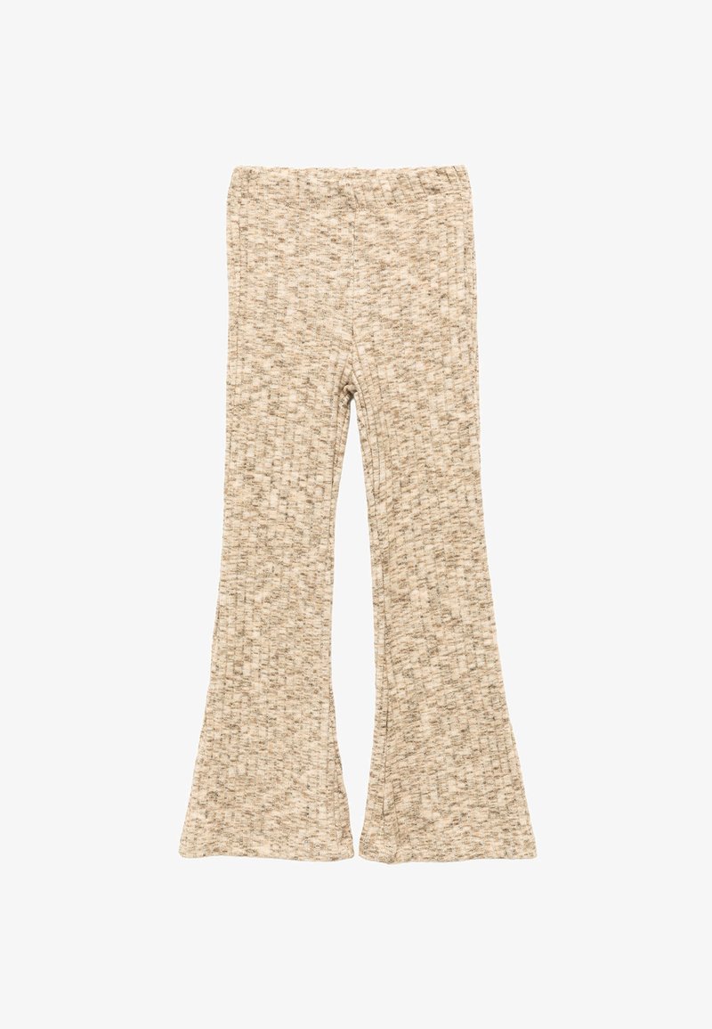 Beige och ljusbruna texturerade stickade byxor med elastisk midja och utsvängda ben, ligger platt på vit bakgrund.