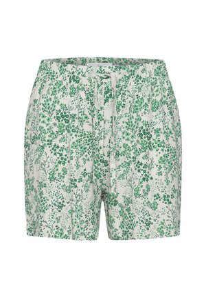 Bloemrijke shorts met een witte achtergrond en ingewikkelde groene plantenpatronen, voorzien van een elastische tailleband en een trekkoord voor een verstelbare pasvorm.