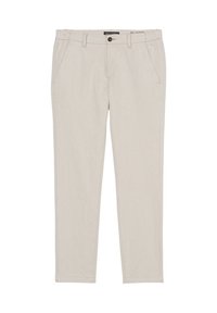 Beige cotton trousers with a straight fit, featuring two front pockets, a single button closure, and a clean hem.