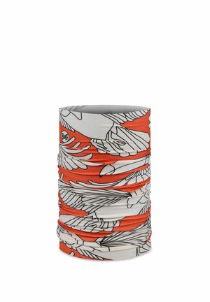 Multifunctional tubular neck gaiter with orange background and white bird wing illustrations, showing Buff brand logo.