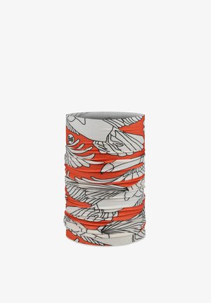 Multifunctional tubular neck gaiter with orange background and white bird wing illustrations, showing Buff brand logo.