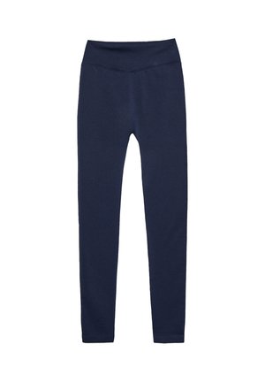 Leggings blu navy realizzati in tessuto morbido, con un alto punto vita e un design aderente senza motivi visibili o dettagli hardware.