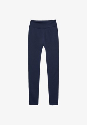 Leggings blu navy realizzati in tessuto morbido, con un alto punto vita e un design aderente senza motivi visibili o dettagli hardware.