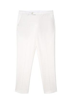 Weiße, maßgeschneiderte Hosen mit vorderen Taschen, Gürtelschlaufen, Knopfverschluss und Bügelfalte entlang der Beine.