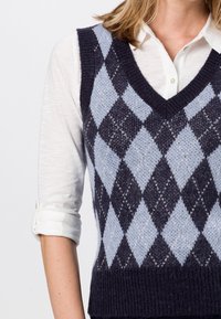 Gebreide sweatervest met een marineblauw en lichtblauw ruitpatroon, met een diepe V-hals en een ribgebreide zoom. Draag het over een wit long-sleeve shirt.