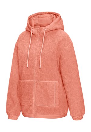 Korallrosa Fleecejacke mit Reißverschluss und Kapuze, Kordelzug, Kängurutaschen und elastischen Bündchen an den langen Ärmeln.
