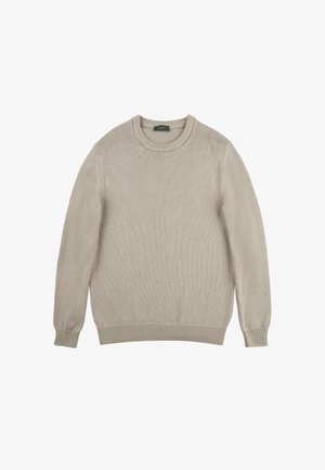Beiger Strickpullover mit Rundhalsausschnitt, langen Ärmeln, gerippten Bündchen und Saum, aus einem weichen, strukturierten Stoff gefertigt.