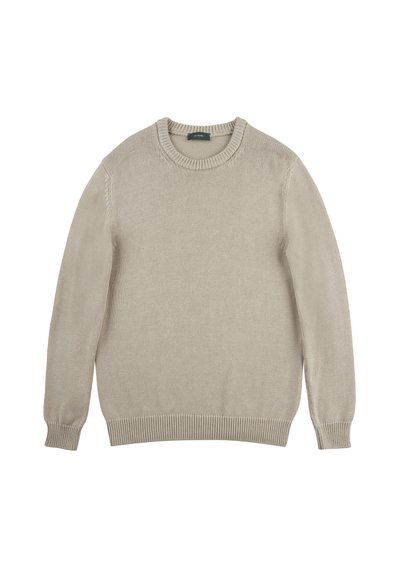 Maglione beige in maglia con scollatura a girocollo, maniche lunghe, polsini e orlo a coste, realizzato in un tessuto morbido e testurizzato.