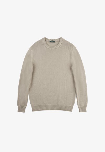 Beżowy sweter dzianinowy z okrągłym dekoltem, długimi rękawami, ściągaczami na końcach rękawów i u dołu, wykonany z miękkiego, strukturalnego materiału.