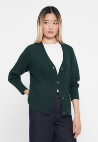 Gilet en tricot vert avec un motif en losanges, des poignets côtelés et un col en V. Il comporte trois boutons sur le devant et a une coupe décontractée.