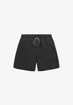 Schwarze Baumwollshorts mit elastischem Bund, kontrastierendem Kordelzug, Seitentaschen und lockerer Passform, die ein einfaches Design aufweisen.